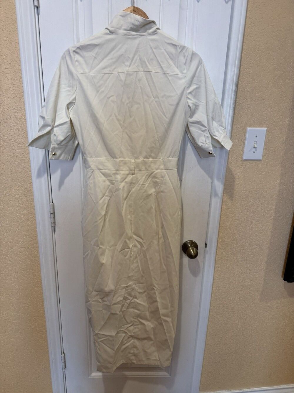Modesees Ivory Ruched Button Front Puff Sleeve Midi Dress NWT Large - Picture 7 of 13